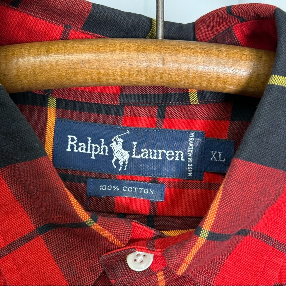 [SOLD!] Vtg 90's Men's Ralph LaurenRed Plaid Flannel Oxford Button Down Shirt XL - Picture 5 of 10